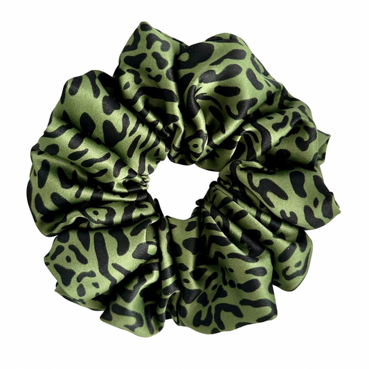 Chouchou satin pour cheveux - taille M Léopard vert